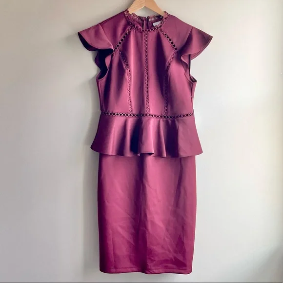 NWT Bisou Bisou Michele Bohbot Wine Color Dark Burgundy Peplum Dress - Picture 1 of 4